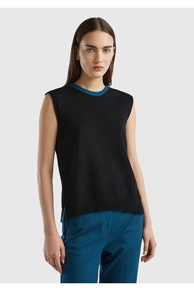 United Colors of Benetton Pulover negru vâscos fără mâneci - cu fantă și amestec