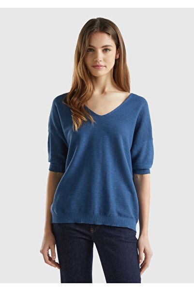 United Colors of Benetton Mix de bumbac și in albastru de noapte - Pulover cu...