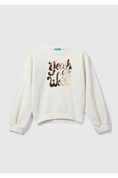 United Colors of Benetton Кремав суичър с кръгло деколте с пайети