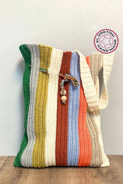 Uretti Rukiye 7294 - Geantă de frânghie de mână Macrame de 42 cm / Multicolor