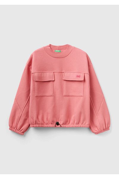 United Colors of Benetton Hanorac pentru fetiță cu mânecă cu balon fucsia - Detaliat în buzunar