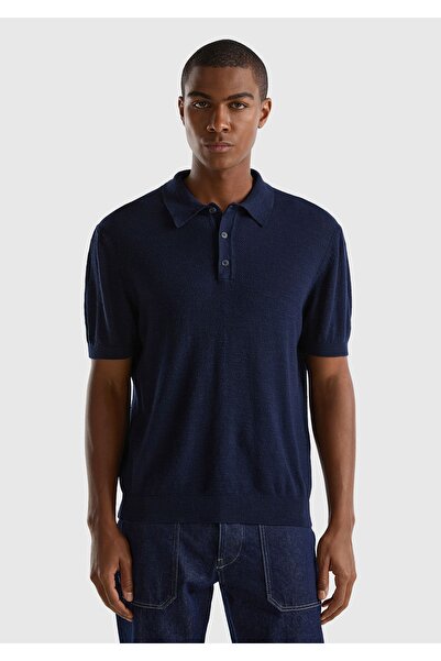 United Colors of Benetton Men's Dark Navy Linen Blended Polo Collar T-Shirt