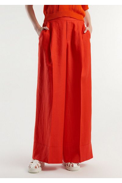 United Colors of Benetton Women's Red Wide Cut 100% Linen Elastic Waist Pants