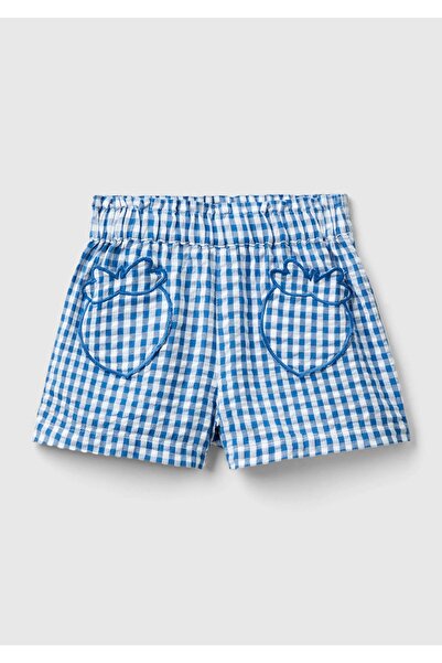 United Colors of Benetton Kız Çocuk Mavi-Beyaz Tamamı Desenli Beli Elastik Meyveli Cepli Şort