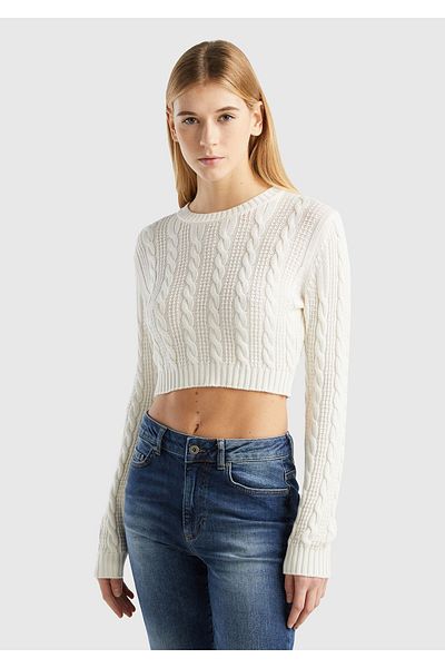 United Colors of Benetton Pulover Crop 100% bumbac, crem, cu decolteu