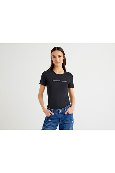 United Colors of Benetton Γραπτό γυναικείο βασικό μπλουζάκι - 312013 GA2E16A2-100