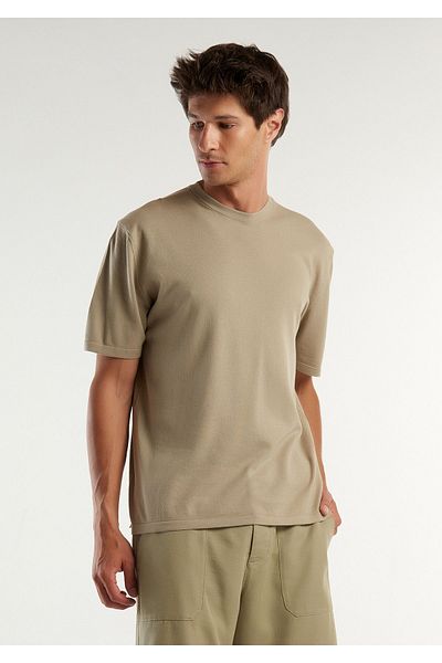 United Colors of Benetton Men's Khaki 100% Cotton Monochrome Crew Neck Knitwear T-Shirt