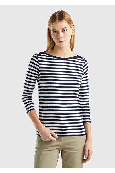 United Colors of Benetton Γυναικείο ριγέ μπλουζάκι Indigo με μανίκια τριών τετάρτων