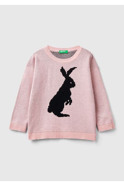 United Colors of Benetton Pulover cu model iepure roz pentru băiat