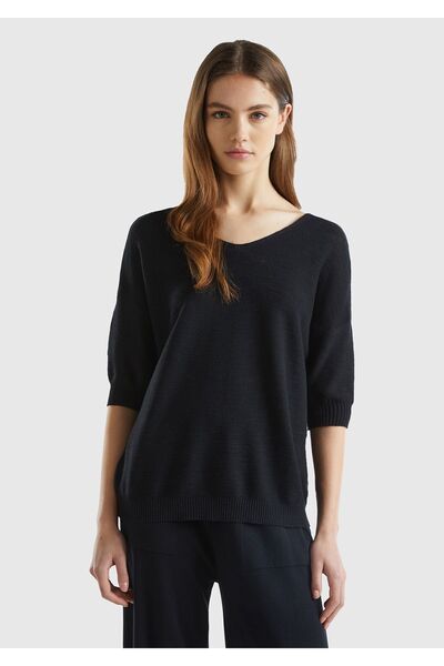 United Colors of Benetton Women's Black Cotton Linen Blend V-Neck Pullover wi...