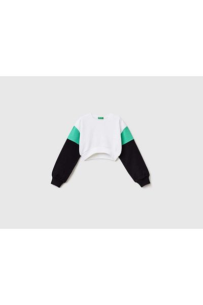 United Colors of Benetton Girl's White Color Blocked Crop Sweatshirt
