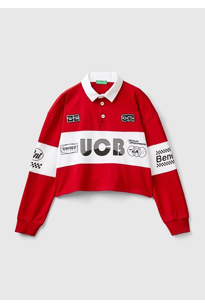 United Colors of Benetton Hanorac crop cu gât polo roșu - 100% bumbac, imprimat cu logo