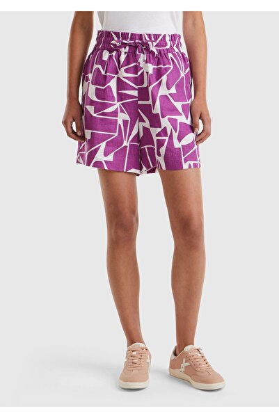 United Colors of Benetton Γυναικείο μωβ 100% λινό σορτς με σχέδιο με δέσιμο σ...