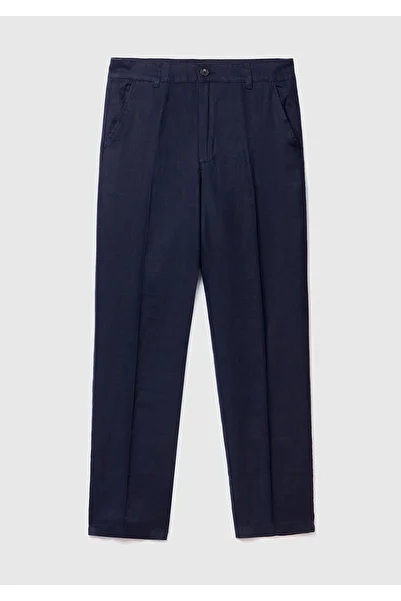 United Colors of Benetton Men's Dark Navy - 100% Linen Trousers