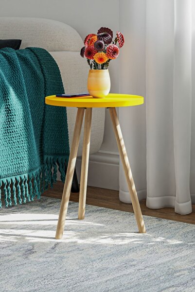 interGO Yuvarlak Yan Sehpa Ahşap Ayaklı Tekli Zigon Sehpa