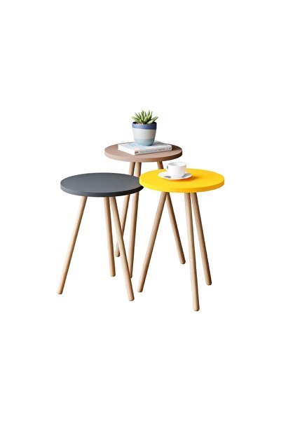 interGO Renkli Üçlü Zigon Sehpa Ahşap Ayaklı Yuvarlak Pastel Tasarım Gri Sarı Cappuccino