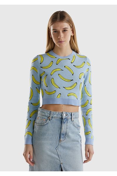 United Colors of Benetton Women's Light Blue Cotton Blended All 3D Banana Patterned Crew Neck Sweater