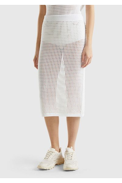 United Colors of Benetton Women's White 100% Cotton Knitted Motif Knee Length Skirt