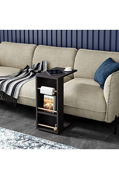 interGO Tekerlekli Yan Sehpa Rulo Havlu Takılabilir Koltuk Sehpası C Sehpa Zigon Sehpa - Antrasit Gri