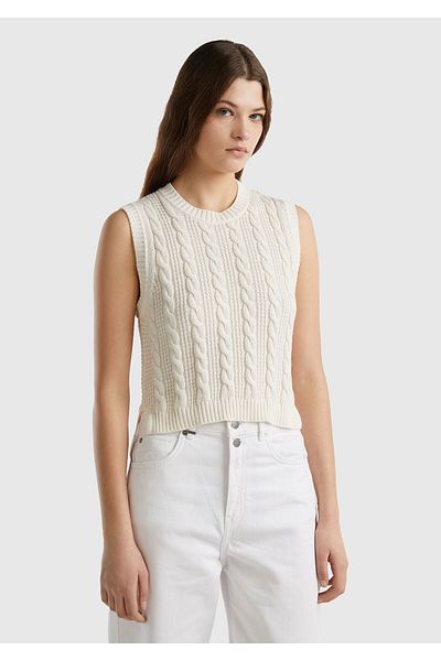 United Colors of Benetton Women's Cream 100% Cotton Hair Braided Crop Sweater