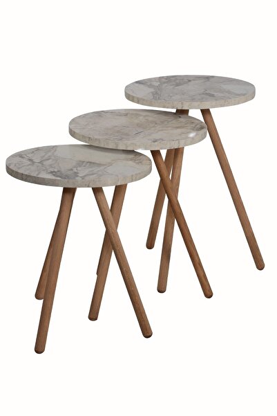 interGO Üçlü Zigon Sehpa Ahşap Ayaklı Yuvarlak Mermer Desenli Tasarım Efes