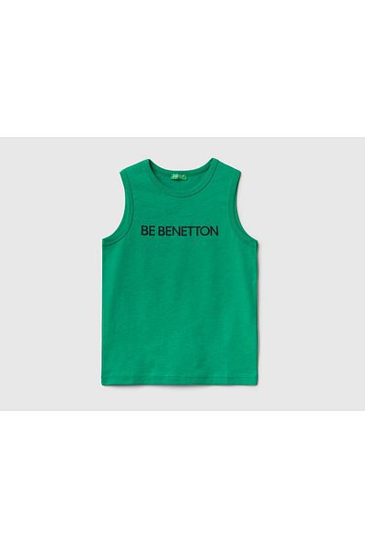 United Colors of Benetton Boy's Green Benetton Written Combed Cotton Tank Top