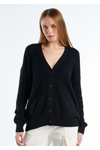 United Colors of Benetton Pulover negru pentru femei, 100% bumbac, cu decolteu în V - cu nasturi