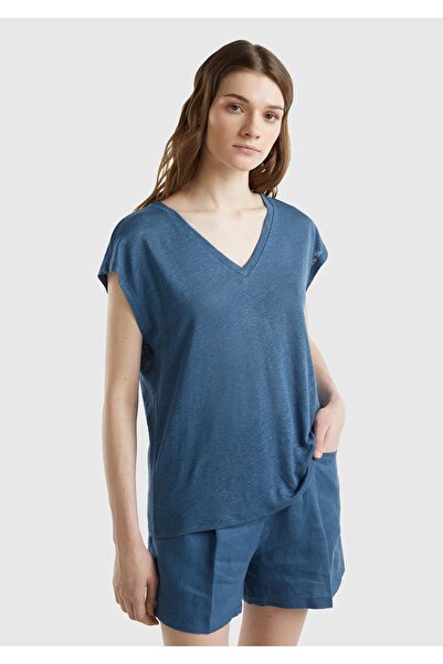 United Colors of Benetton Γυναικείο μπλουζάκι Midnight Blue 100% λινό Άνετη Εφαρμογή με βαθύ V λαιμόκοψη αμάνικο μπλουζάκι
