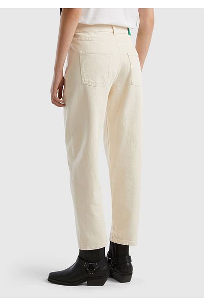 United Colors of Benetton Cream Colored Flexible Cotton - Floral Embroidered Carrot Fit Denim Trousers