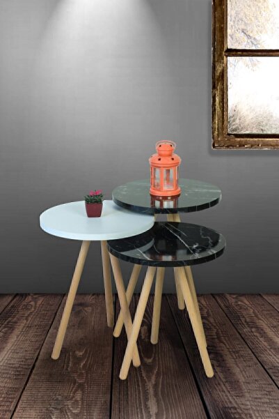 interGO Zigon Sehpa Ahşap Ayaklı Beyaz Ve Bendir