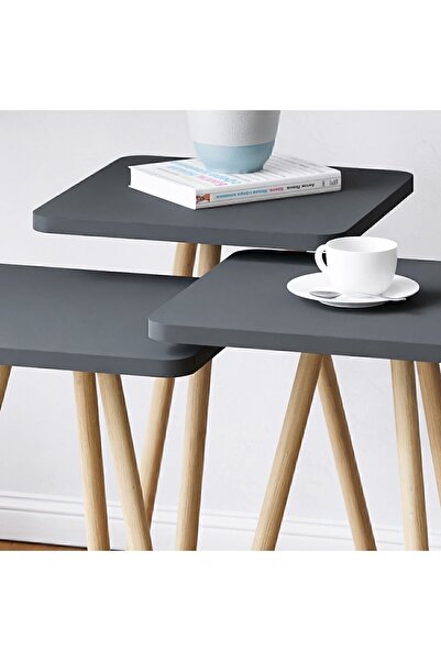 interGO Üçlü Ahşap Ayaklı Kare Tasarım Gri Zigon Sehpa