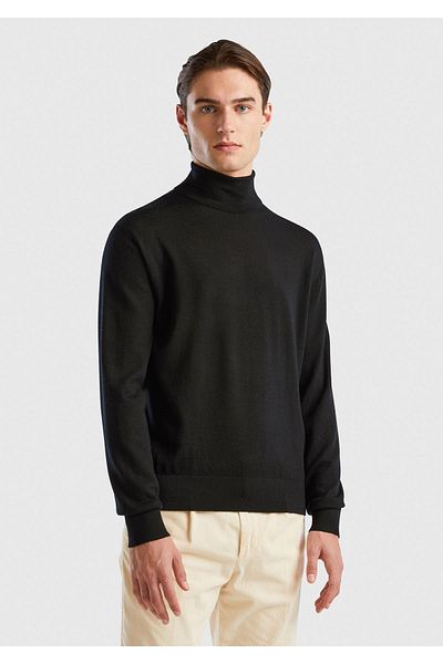 United Colors of Benetton Pulover negru Extra Fine Merino pentru bărbați - cu guler ridicat