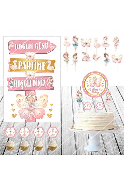 SİYAH PARTİ EVİ Ballerina Birthday Board and Cake Decoration Set