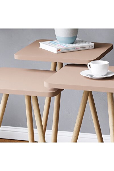 interGO Üçlü Zigon Sehpa Ahşap Ayaklı Kare Tasarım Cappuccino