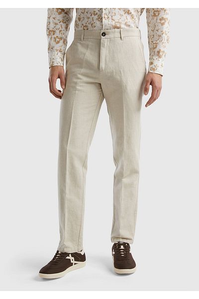 United Colors of Benetton Beige Linen Blend - Men's Trousers with Pocket Piping and Belt Holes
