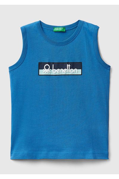 United Colors of Benetton Boy's Saks Blue Front Logo Printed Fluffy Detailed Sleeveless Top