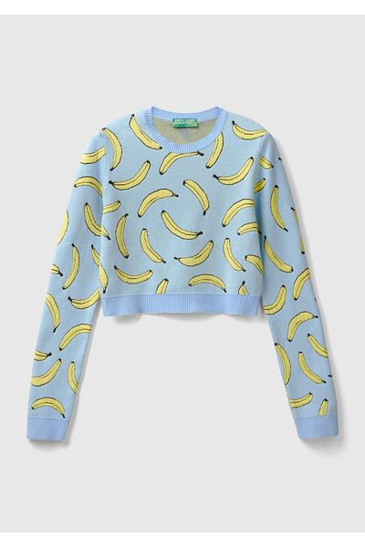 United Colors of Benetton Women's Light Blue Cotton Blended All 3D Banana Patterned Crew Neck Sweater