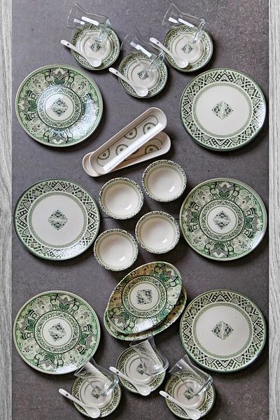 AGR Concept Khaki Mint Porcelain Breakfast Set for 6 People - 32 Pieces Bone China