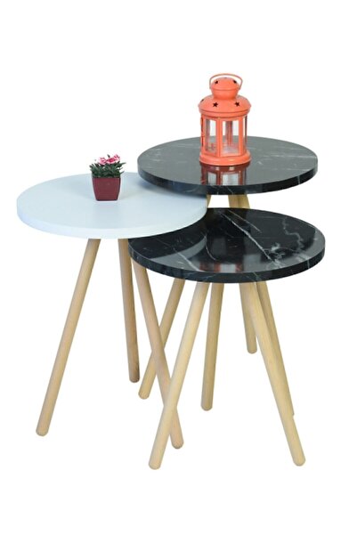 interGO Zigon Sehpa Ahşap Ayaklı Beyaz Ve Bendir