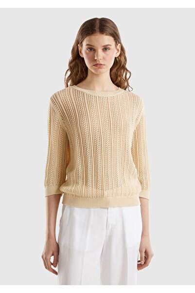 United Colors of Benetton Pulover de damă, bej, 100% bumbac, croșetat, cu mâneci adunate