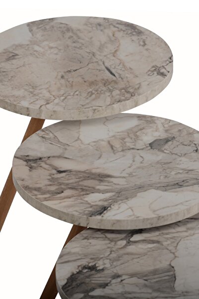 interGO Üçlü Zigon Sehpa Ahşap Ayaklı Yuvarlak Mermer Desenli Tasarım Efes