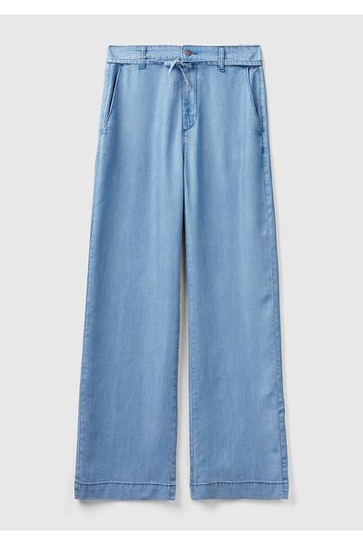 United Colors of Benetton Women's Blue 100% Lyocell Belt Perforated Waist Drawstring Wide Leg Trousers