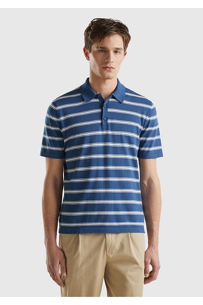 United Colors of Benetton Tricou pentru bărbați, albastru noapte, 100% bumbac, cu dungi cu 3 nasturi, cu gât polo