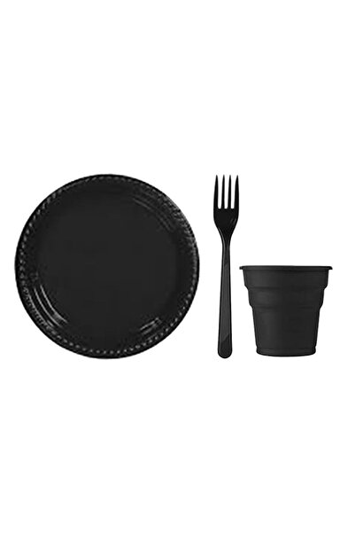 PartylandTR Siyah 25 Kişilik Plastik Bardak Çatal Tabak
