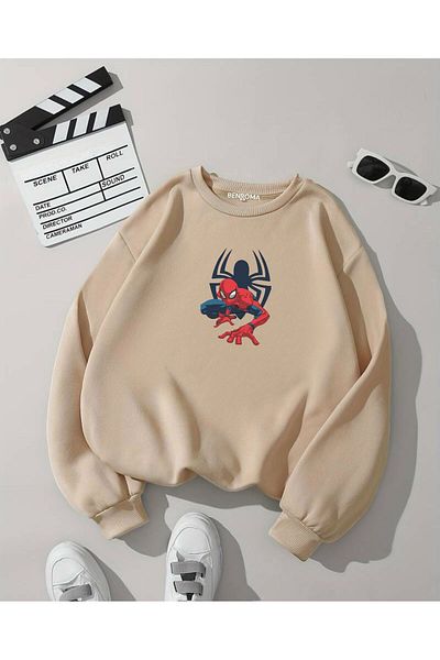BENROMA Unisex Παιδικό φούτερ - Spider Patterned, Man Printed, Crew Neck