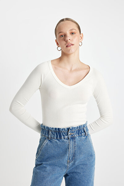 DeFacto Žebrované tričko s dlouhým rukávem s výstřihem do V – vypasované