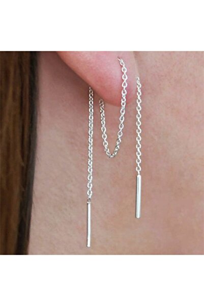 AyçaSilver Rodyumlu 925 Ayar Gümüş Çift Zincir Küpe,