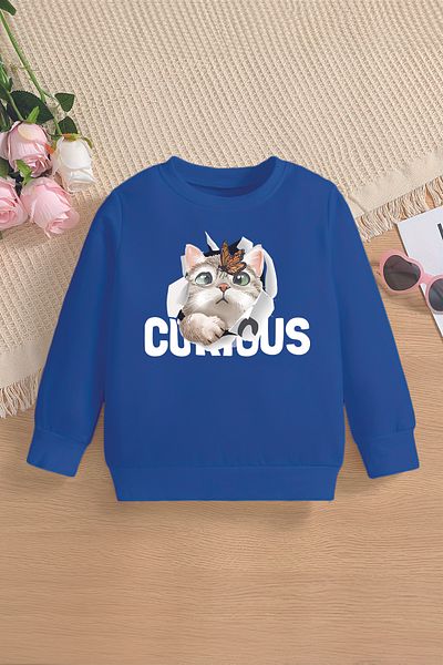 MYADA Детски суитшърт с качулка Curious Written Oversize - с принт на котенца, нов сезон 14609