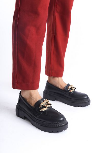 Moda Değirmeni Pantofi mocasini pentru femei - negri, cataramă cu lanț inel, BG1095-113-0004