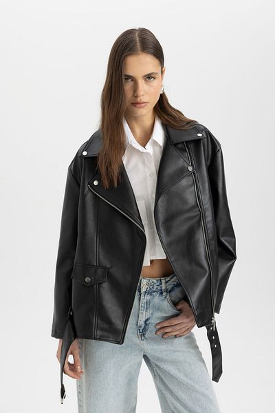 DeFacto Wasserabweisende, weit geschnittene Biker-Lederjacke B1903ax24au